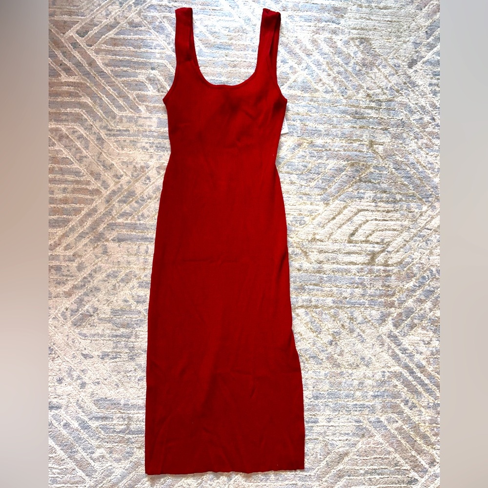 Red, open back, midi dress